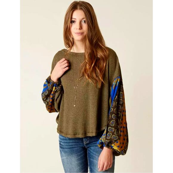 Free People BLOSSOM Oversized Printed Thermal Top Dolman Sleeves Olive Combo M - Picture 7 of 13